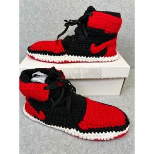 Air Jordan‎ 1 Crochet Sneakers Slippers XL(11-12.5)Red Black White Handmade Knit
